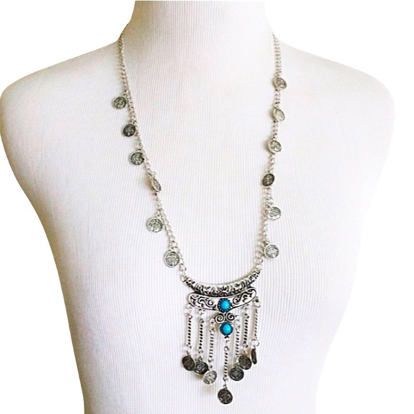 NWT Silver Colored Blue Beaded Long Boho Oversized Statement Necklace - Picture 2 of 6